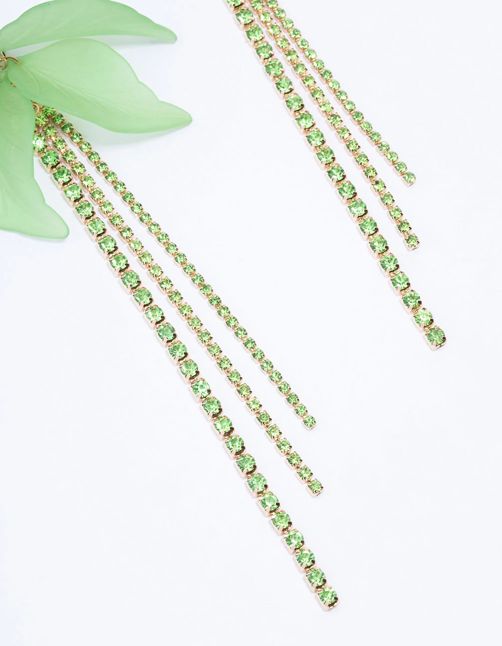 Green Leaf Petal Cup Chain Drop Earrings - Image 3