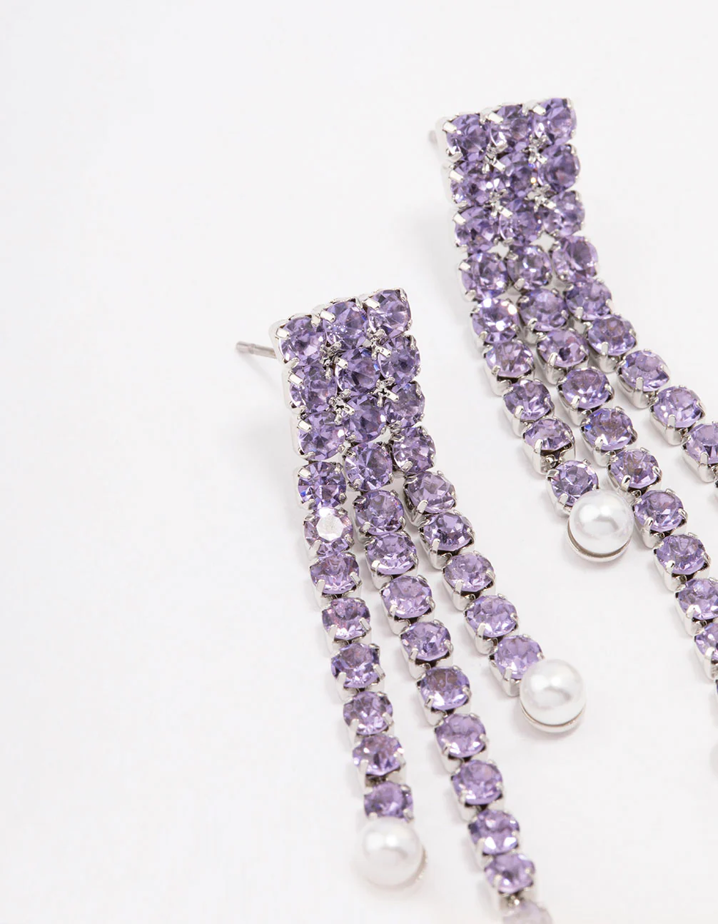 Purple Double Row Cup Chain Pearl Drop Earrings - Image 2