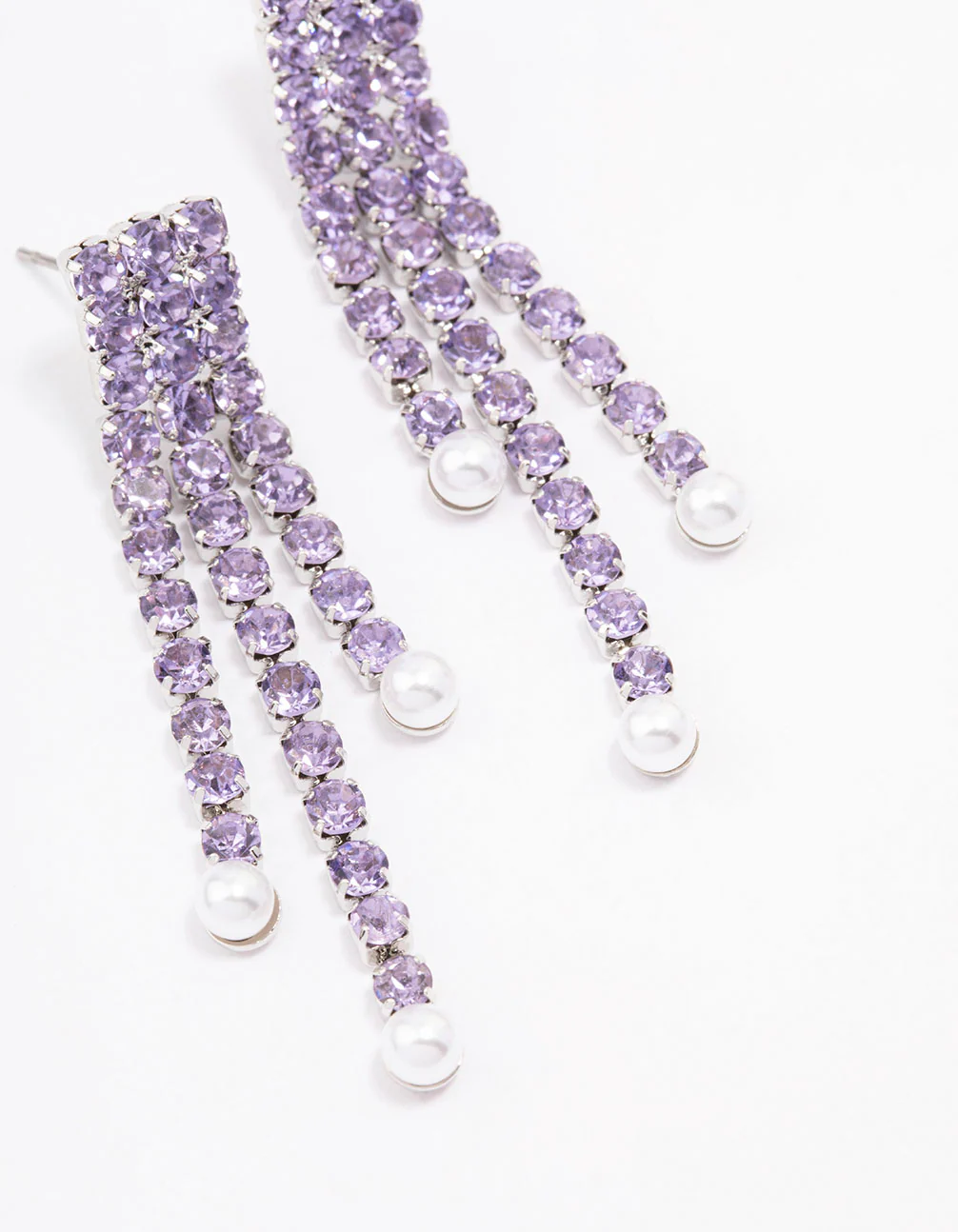 Purple Double Row Cup Chain Pearl Drop Earrings - Image 3