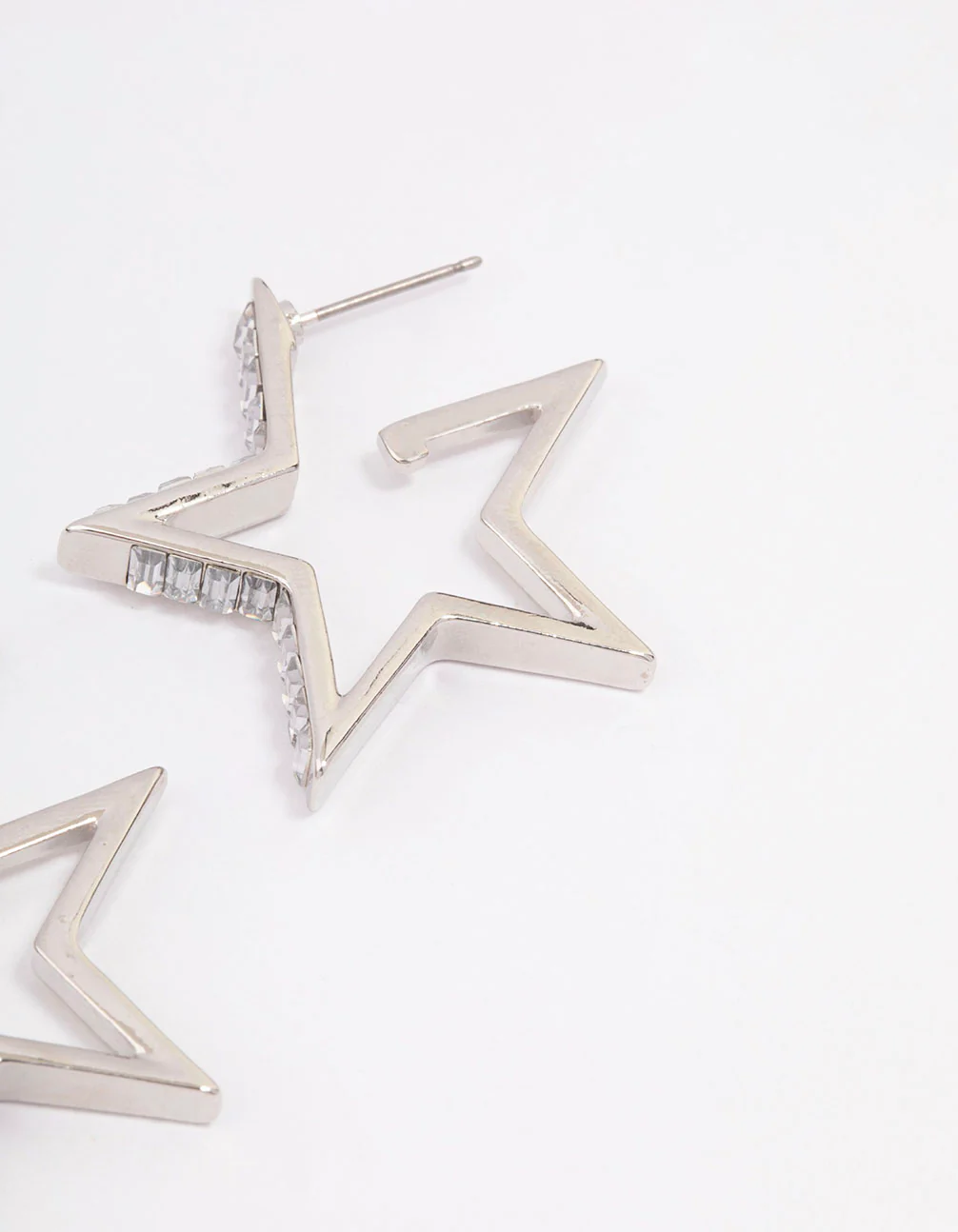 Silver Baguette Diamante Star Hoop Earrings - Image 3