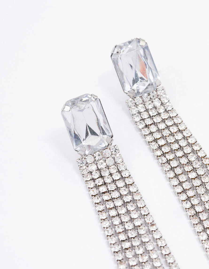 Silver Diamante Cup Chain Drop Earrings - Image 2