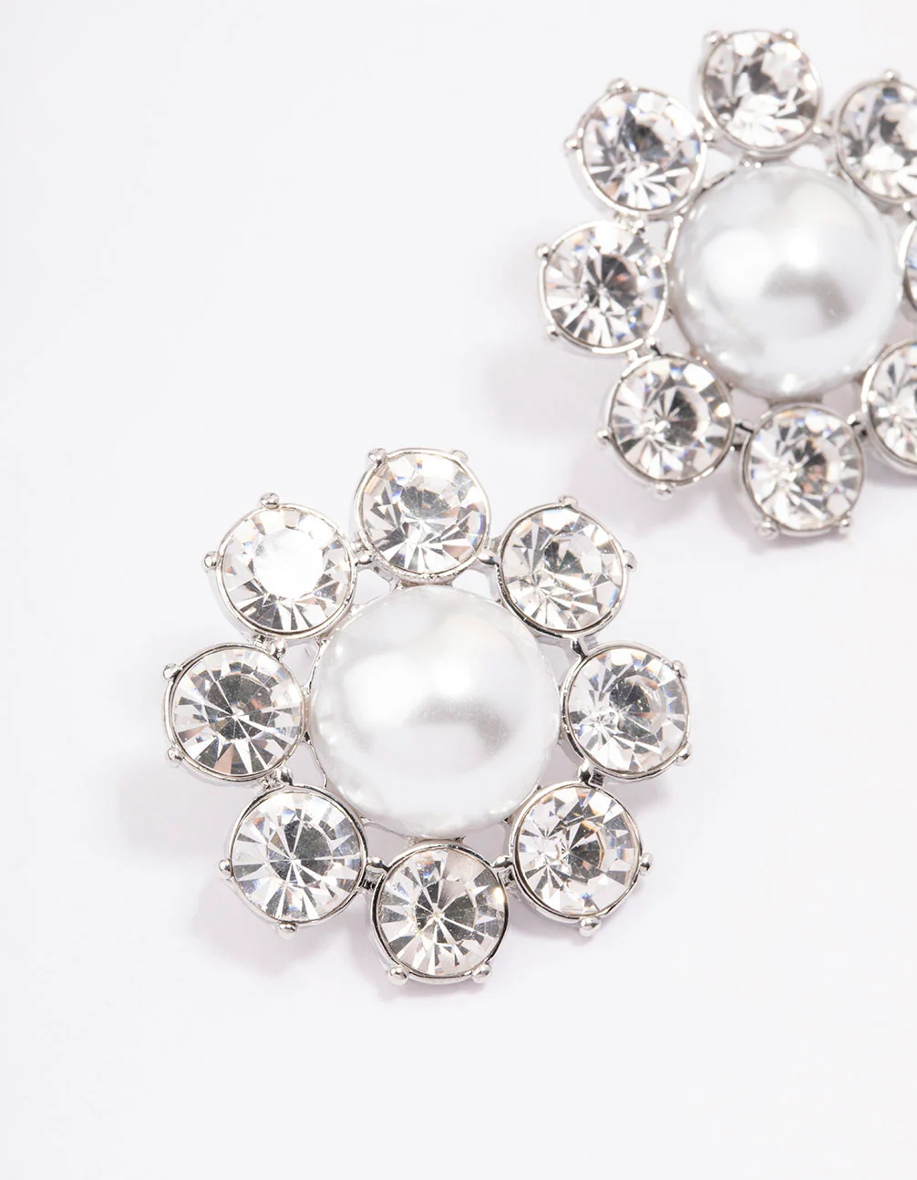Silver Diamante & Pearl Flower Stud Earrings - Image 2