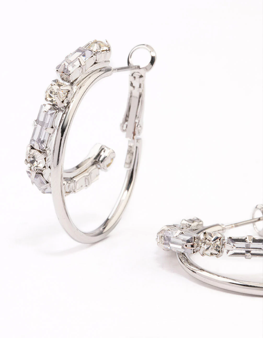 Silver Diamante Double Row Hoop Earrings - Image 2