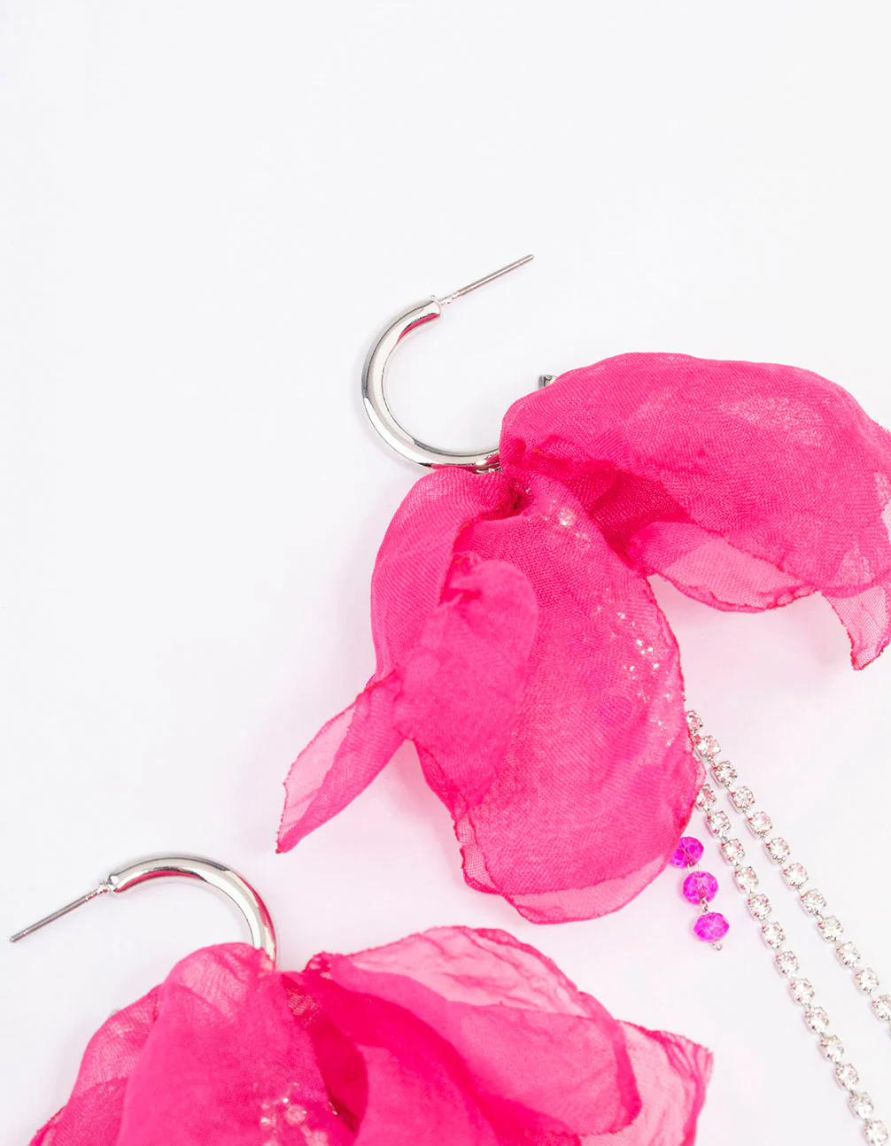Silver & Pink Flower Cup Chain Drop Earrings - Image 2
