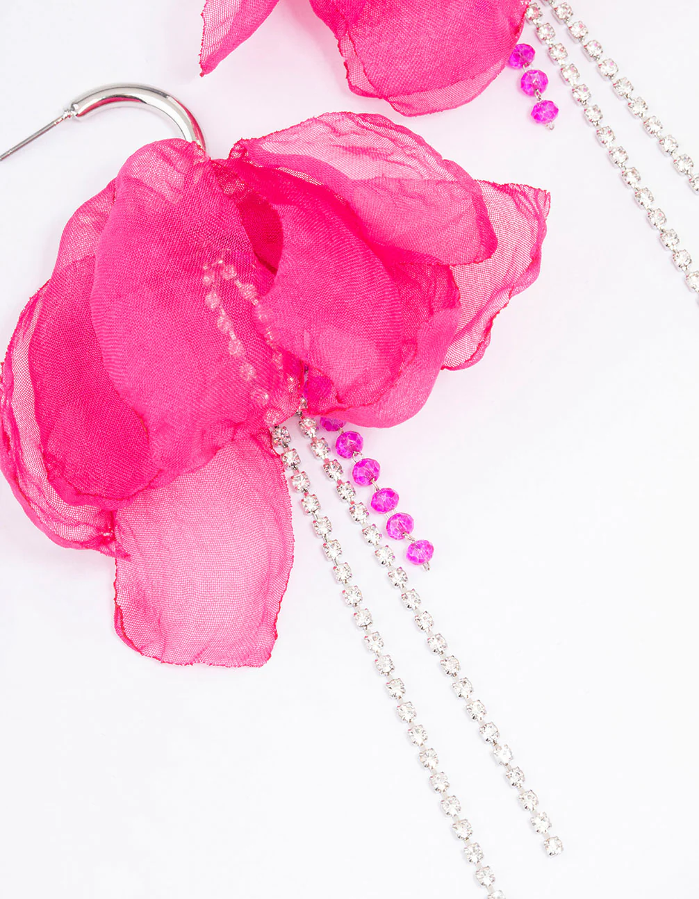Silver & Pink Flower Cup Chain Drop Earrings - Image 3