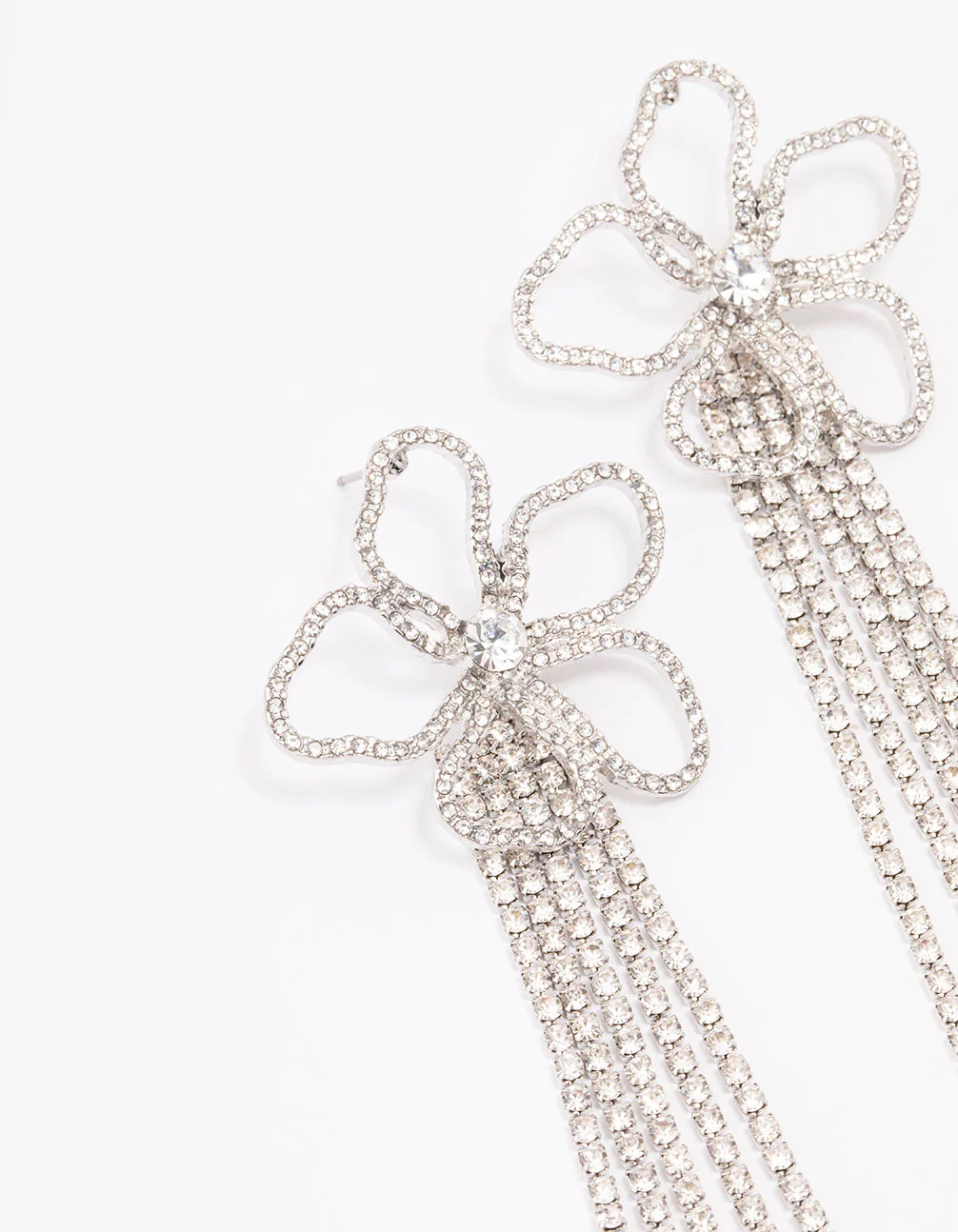 Silver Diamante Flower  Cup Chain Drop Earrings - Image 2