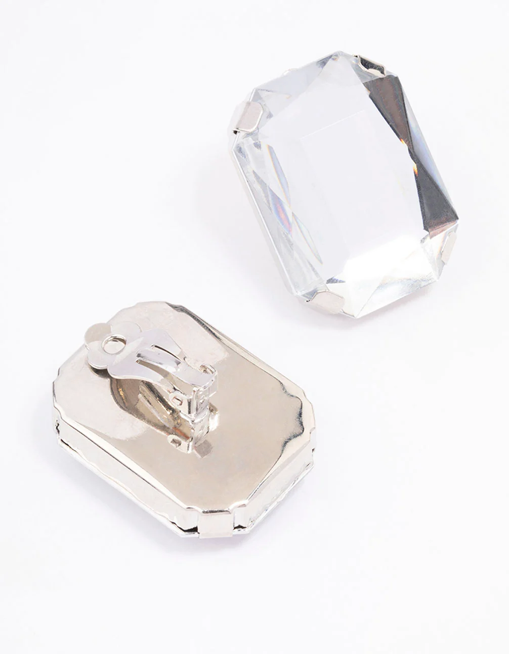 Silver Large Diamante Stud Clip On Earrings - Image 3