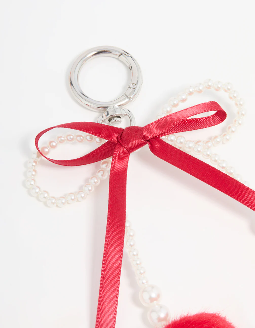 Pearl Beaded Bow & Red Pom Pom Keychain - Image 2
