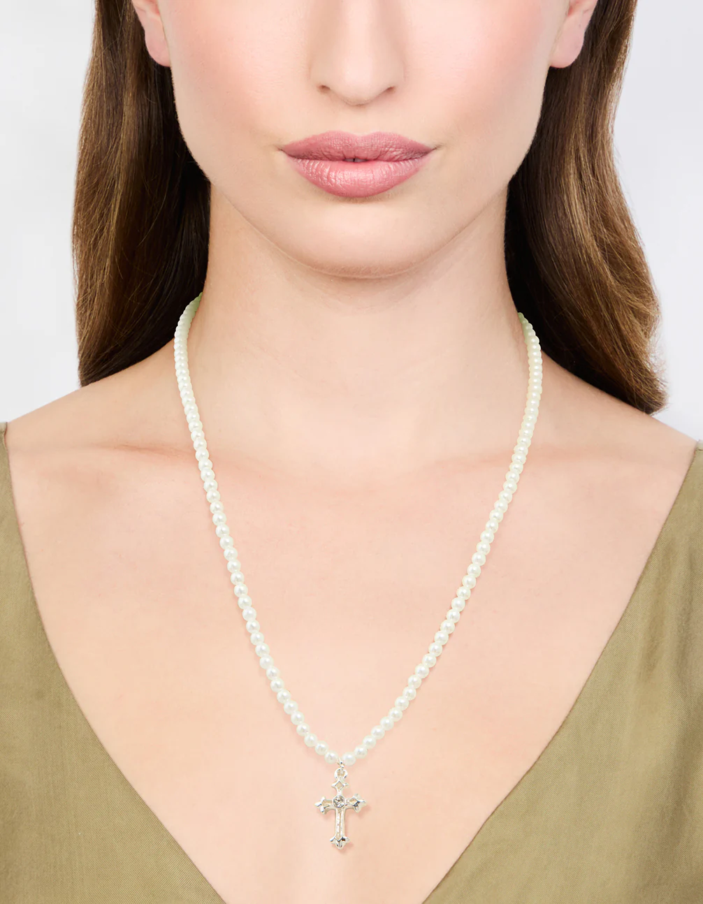 Silver Pearl Cross Pendant Necklace - Image 2