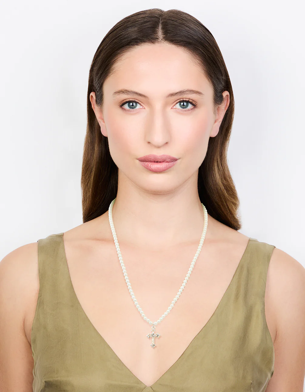 Silver Pearl Cross Pendant Necklace - Image 3