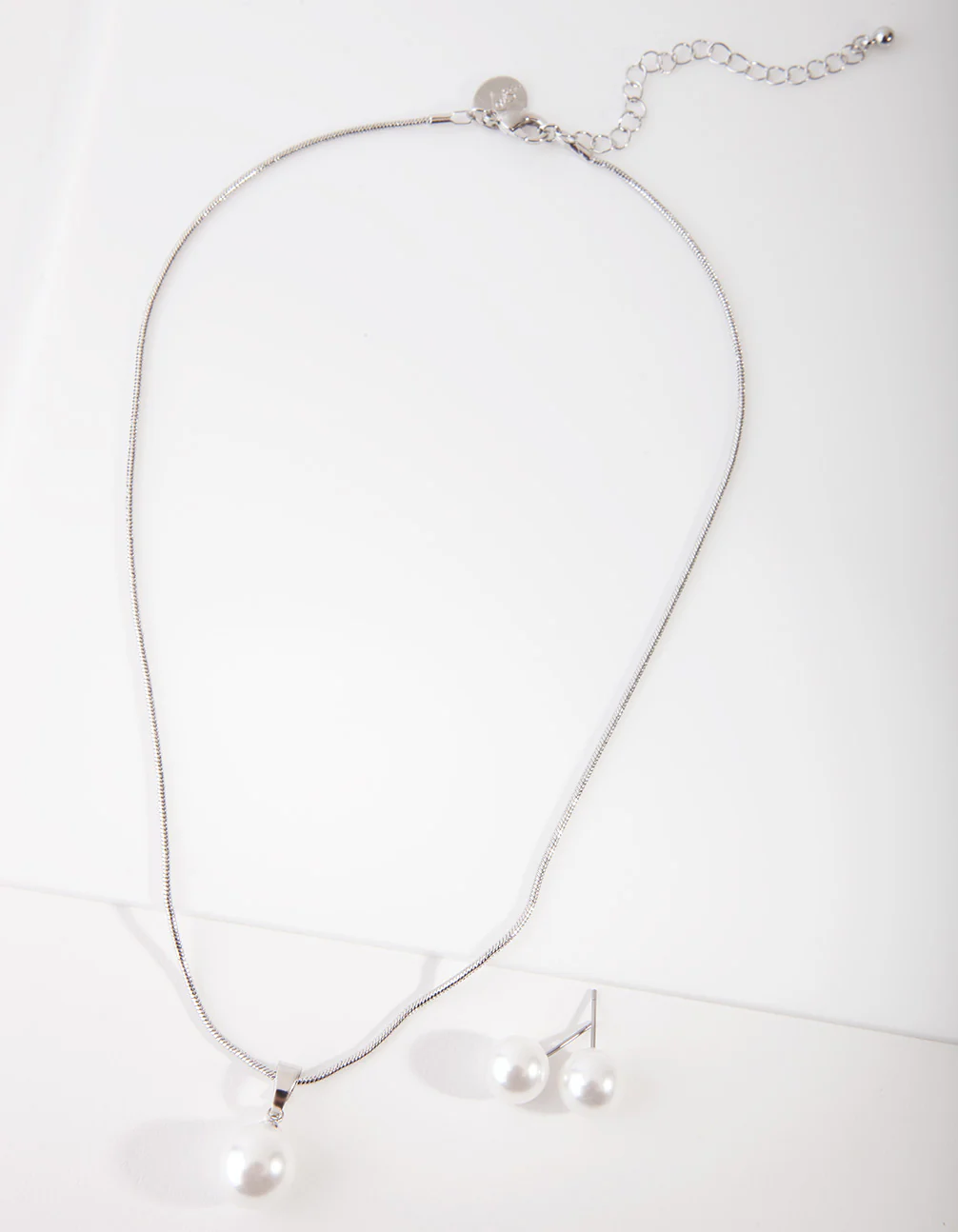 Silver Large Pearl Stud Necklace Earrings Set - Image 2