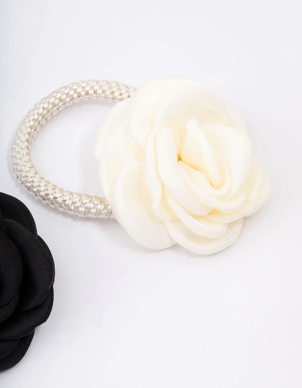 White & Black Fabric Flower Hair Elastic Pack - Image 2