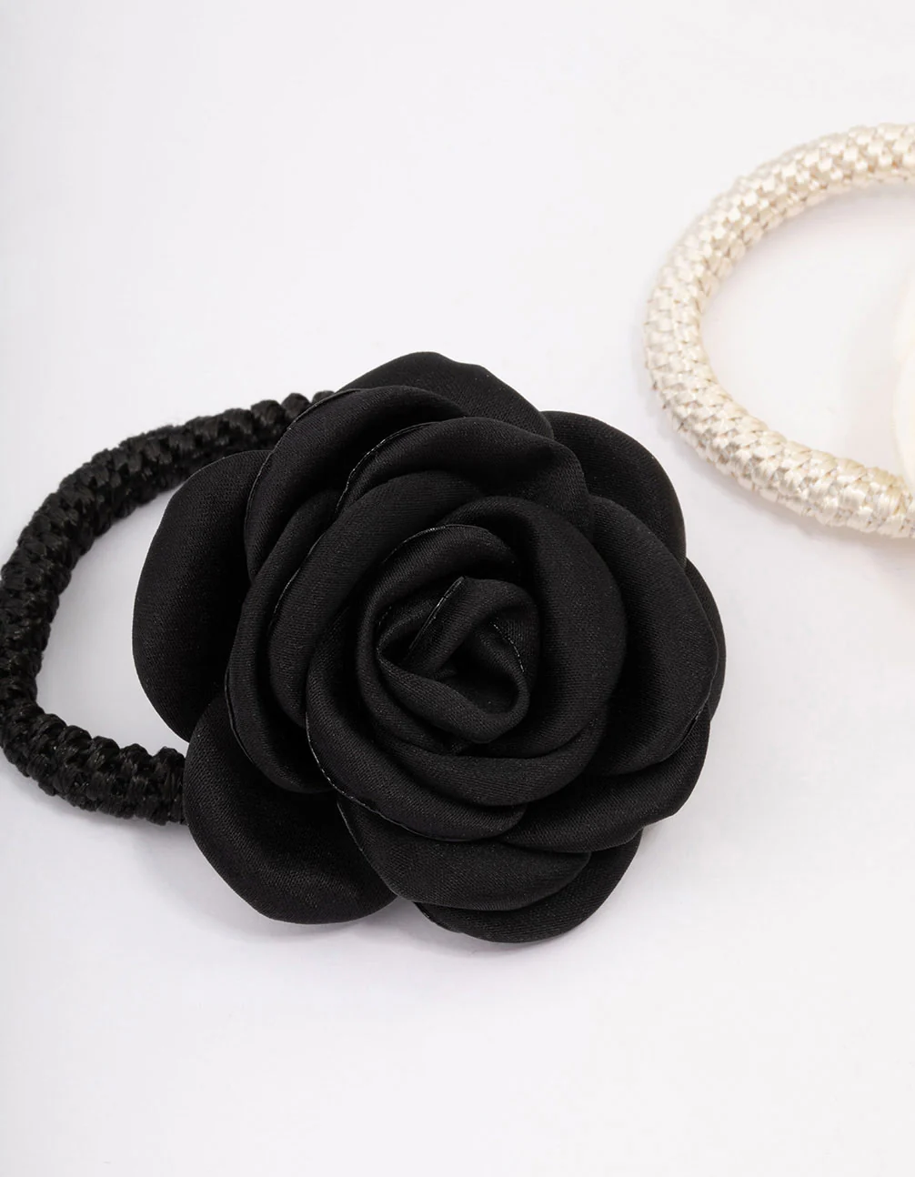 White & Black Fabric Flower Hair Elastic Pack - Image 3