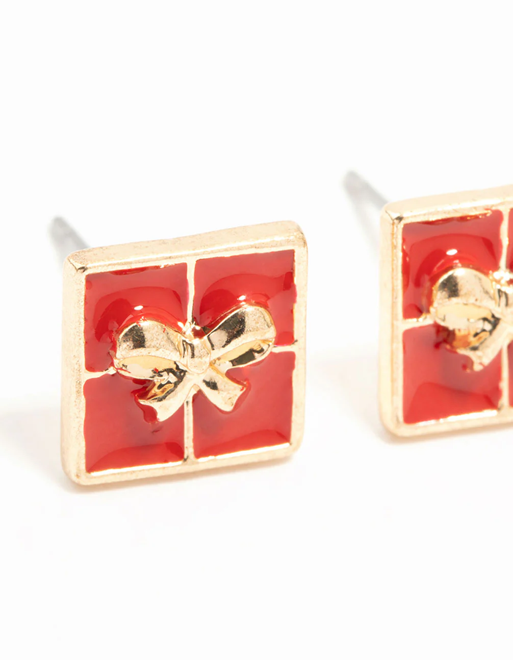Red Enamel Present Gold Stud Earrings - Image 2