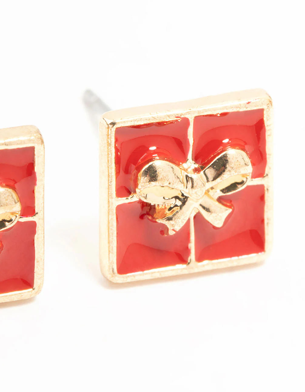 Red Enamel Present Gold Stud Earrings - Image 3