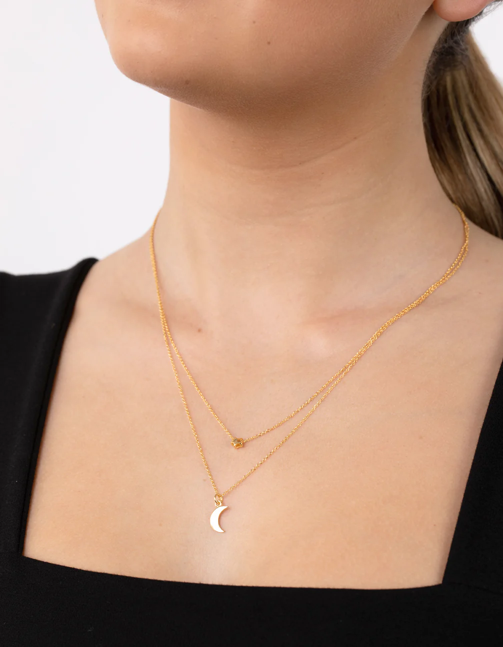 Gold Plated Sterling Silver Moon & Star Double Layer Necklace - Image 2