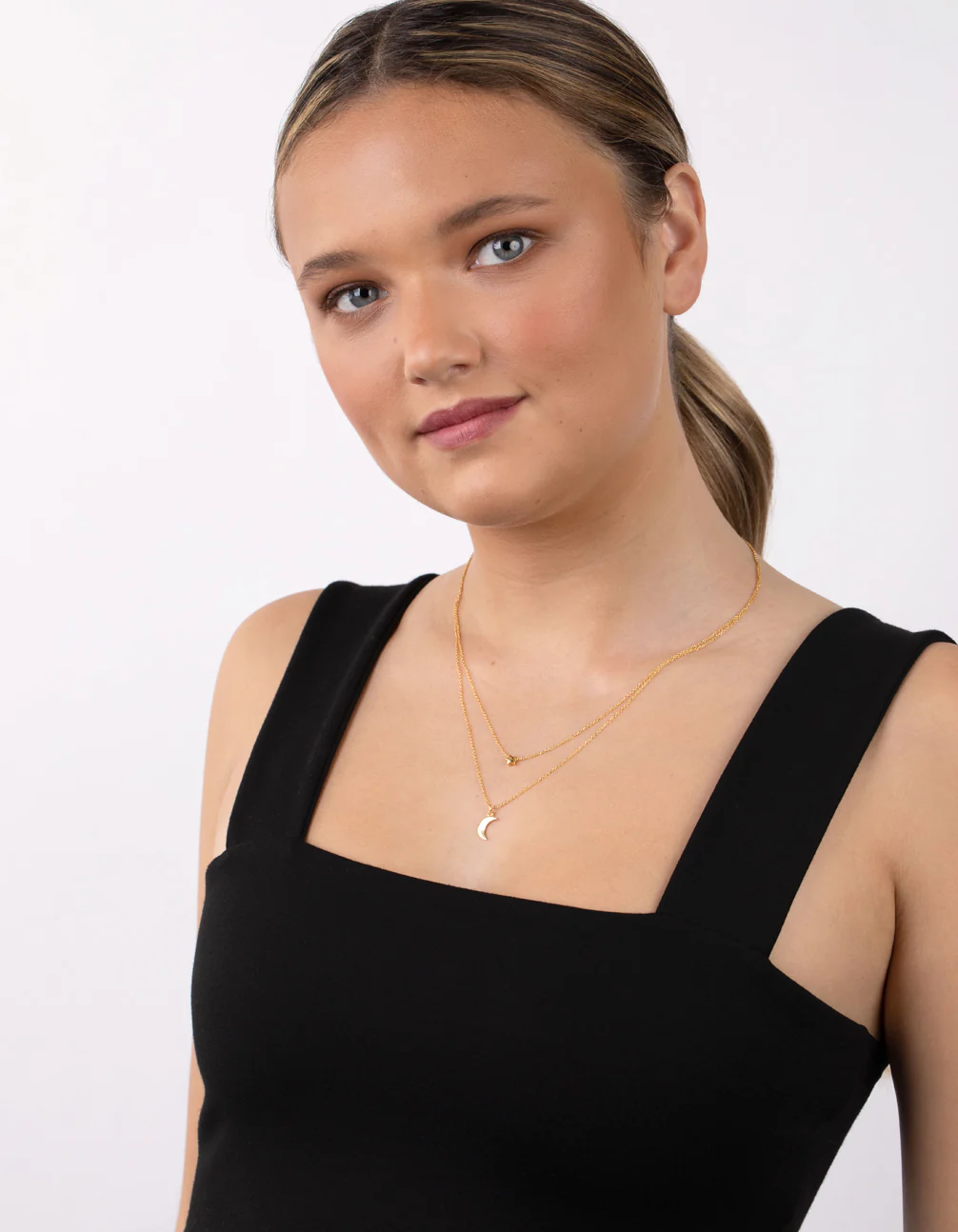 Gold Plated Sterling Silver Moon & Star Double Layer Necklace - Image 4