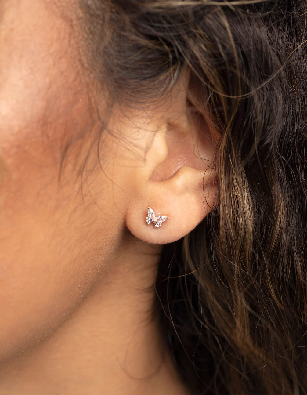 Rose Gold Plated Sterling Silver Cubic Zirconia Butterfly Stud Earrings - Image 2