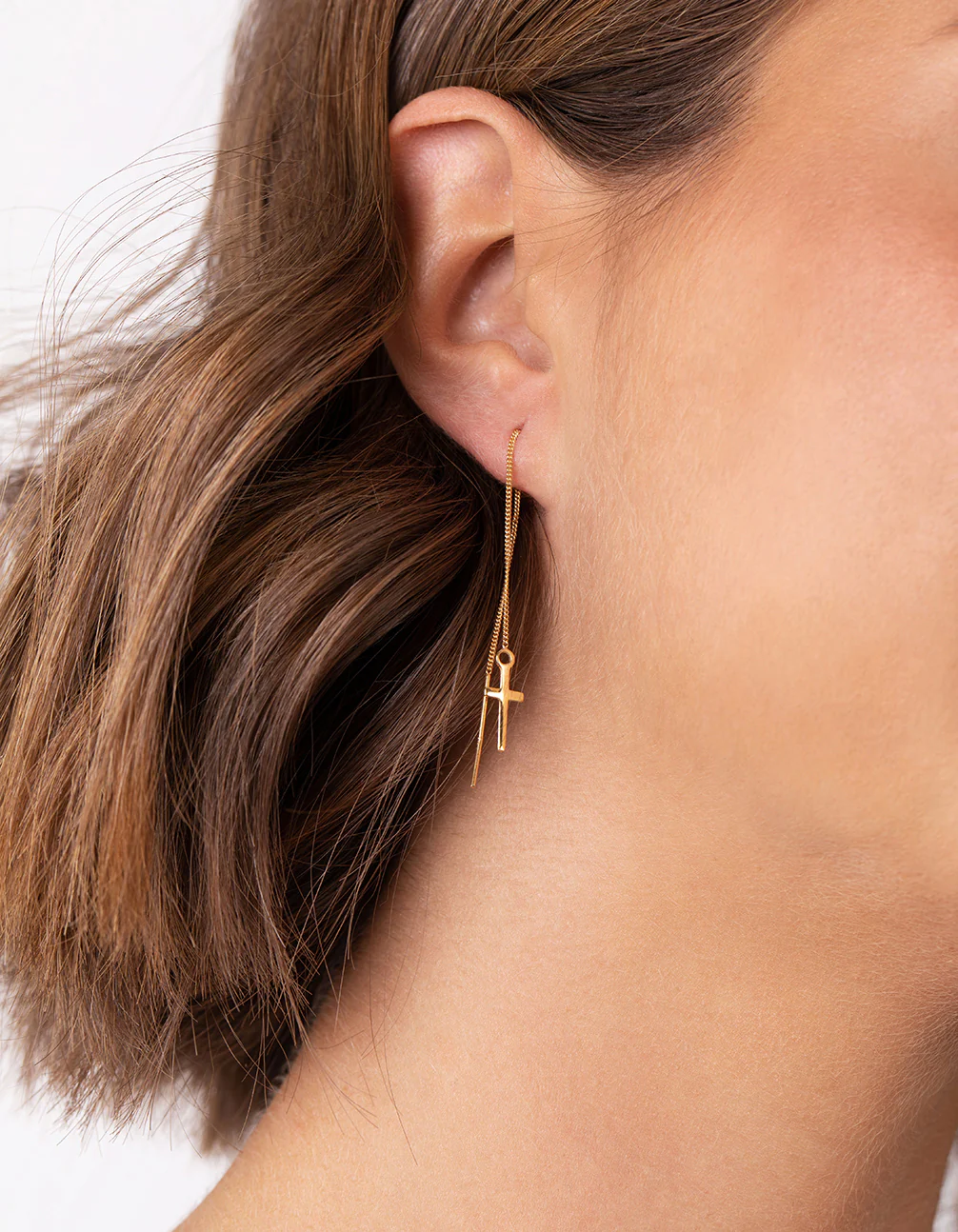 Gold Plated Sterling Silver Cross Thread Through Earrings - Image 2