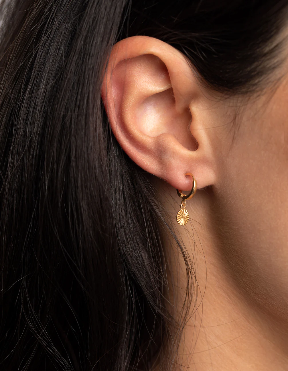 Gold Plated Sterling Silver Etched Huggie Hoop Earrings - Image 2