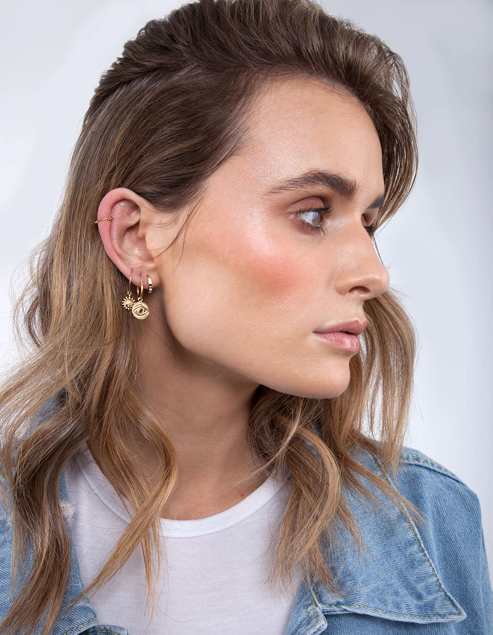 Gold Plated Sterling Silver Evil Eye Charm Hoop Earrings - Image 2