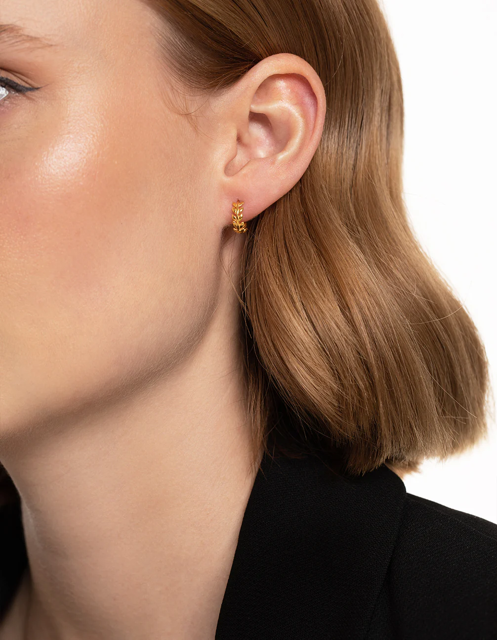 Gold Plated Sterling Silver leaf Detailed Huggie Earrings - Image 2