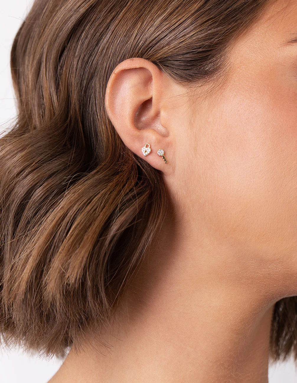 Gold Plated Sterling Silver Lock & Key Stud Earrings - Image 2