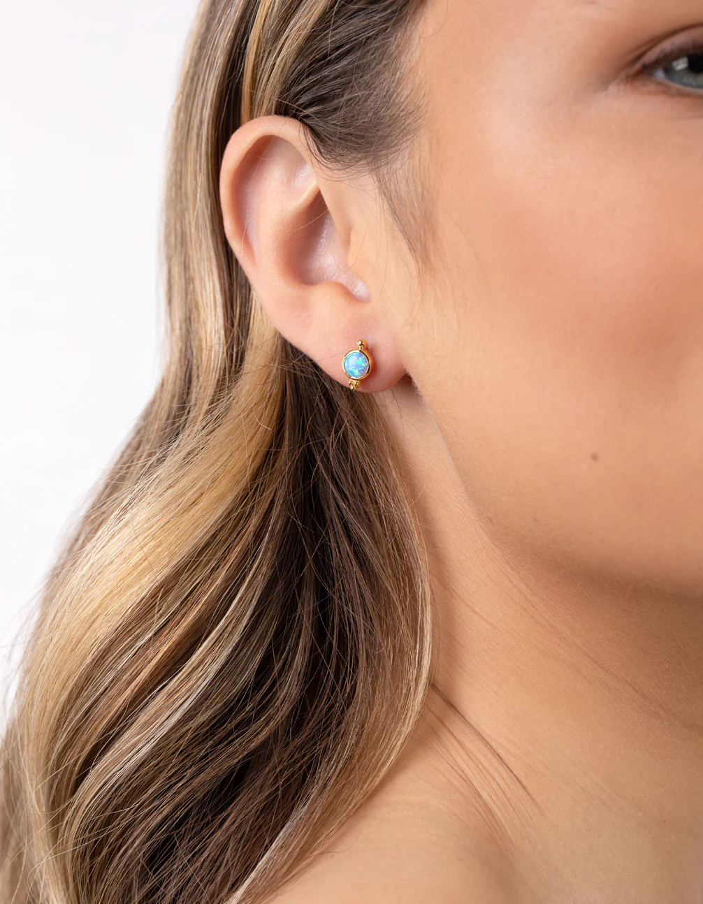 Gold Plated Sterling Silver Blue Synthetic Opal Stud Earrings - Image 2