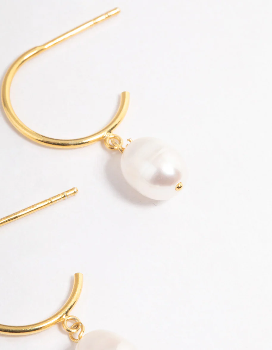 Gold Plated Sterling Silver Pearl Drop Hoop Earrings - Image 2