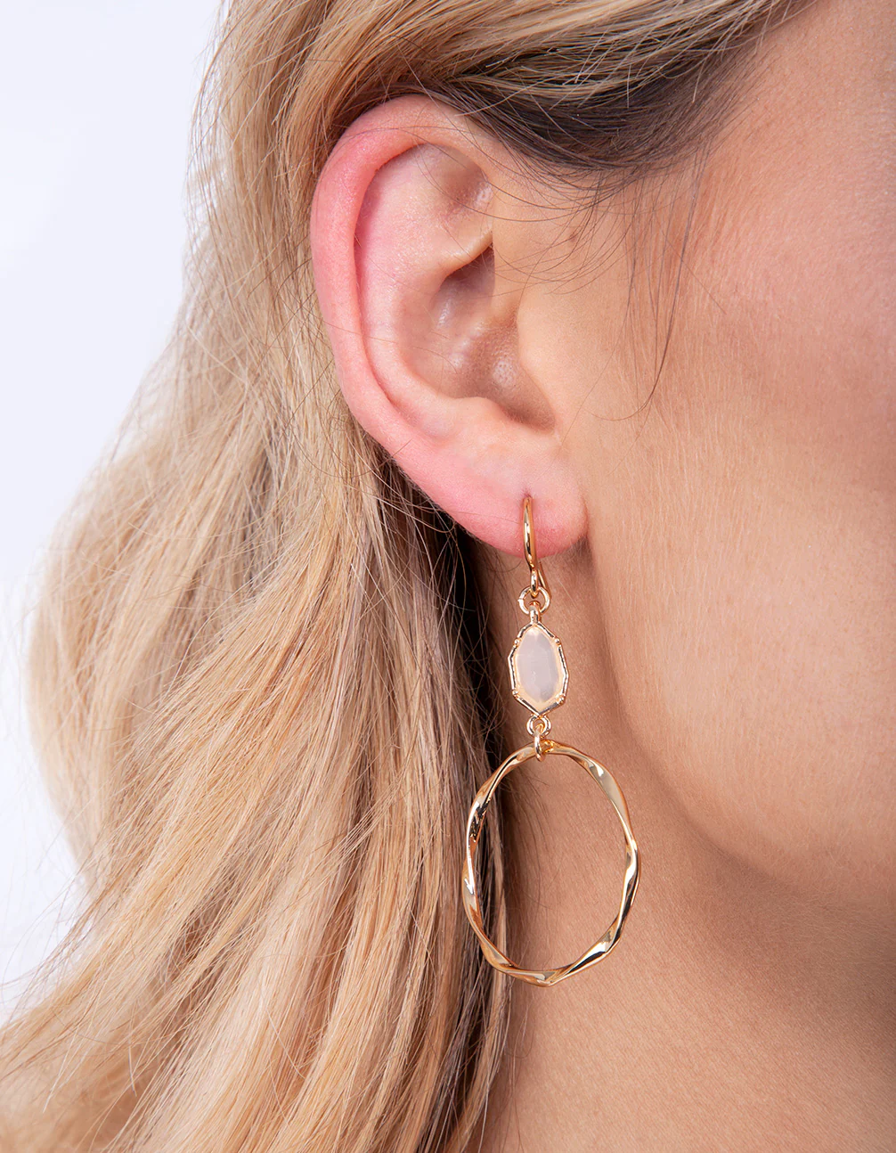 Gold Plated Clear Quartz Open Circle Earrings - Image 3