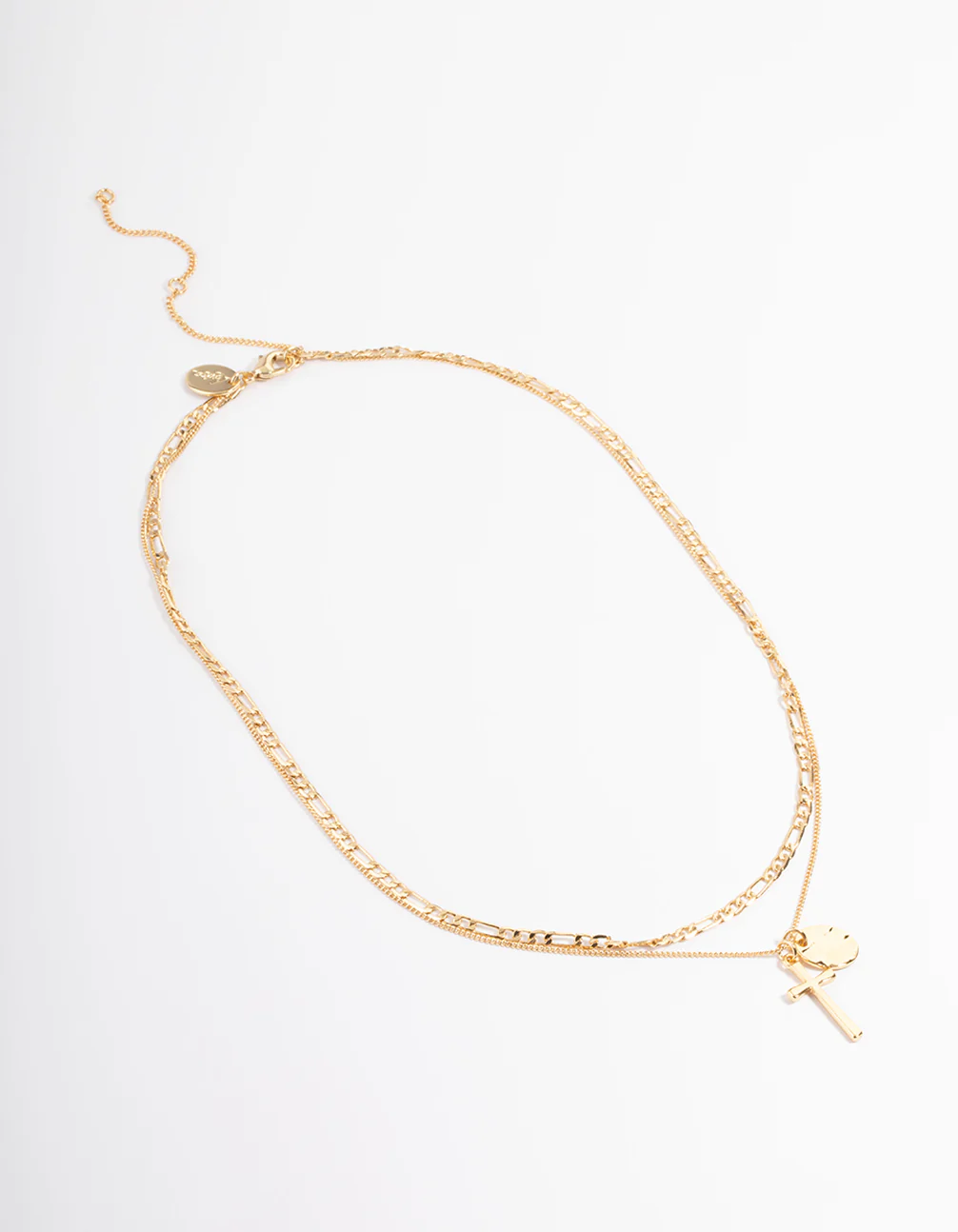 Gold Plated Cross & Figaro Layered Necklace - Image 2