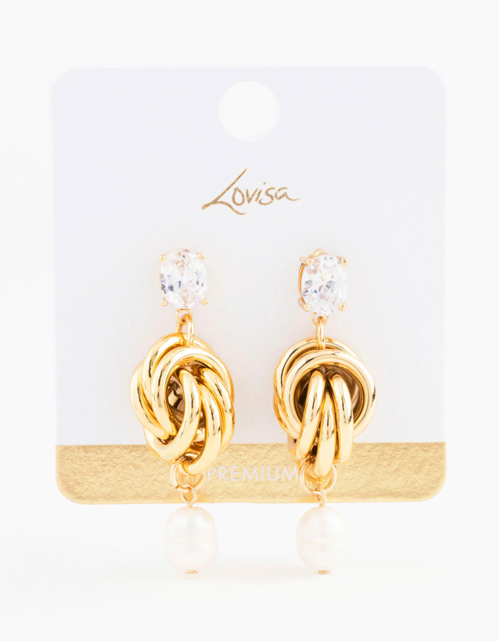 Gold Plated Cubic Zirconia & Freshwater Pearl Knotted Drop Earrings - Image 3
