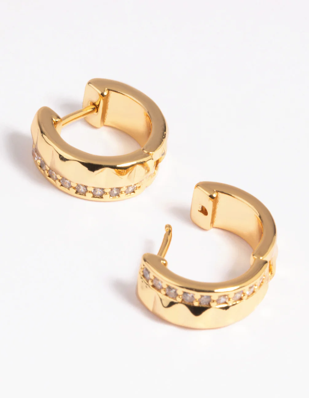 Gold Plated Cubic Zirconia Textured Huggie Hoop Earrings - Image 4