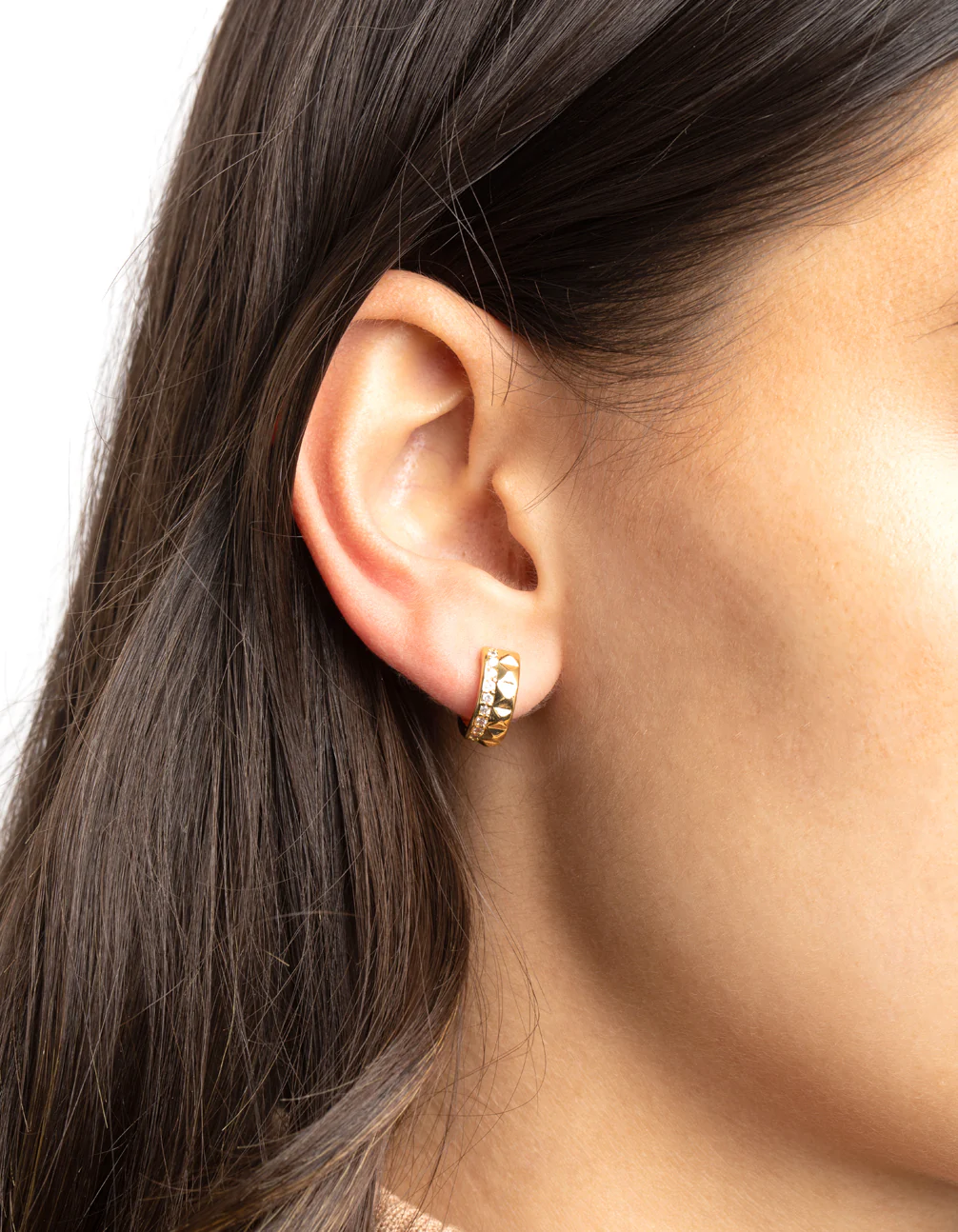 Gold Plated Cubic Zirconia Textured Huggie Hoop Earrings - Image 9