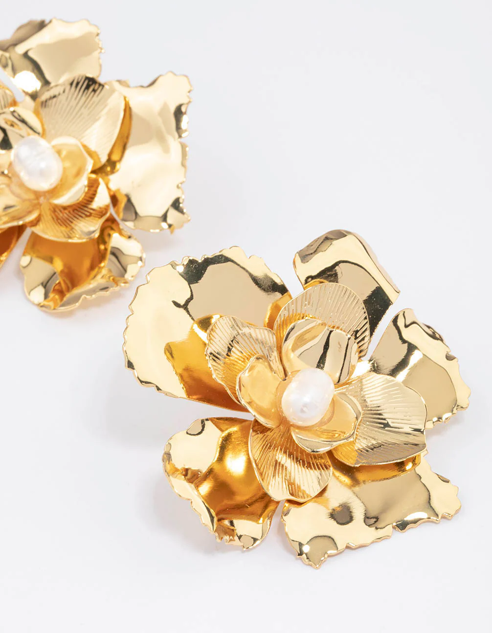 Gold Plated Large Flower Freshwater Pearl Stud Earrings - Image 2