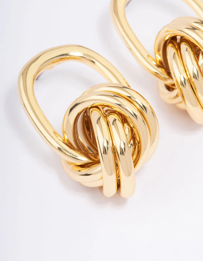 Gold Plated Oval Knotted Drop Earrings - Image 2