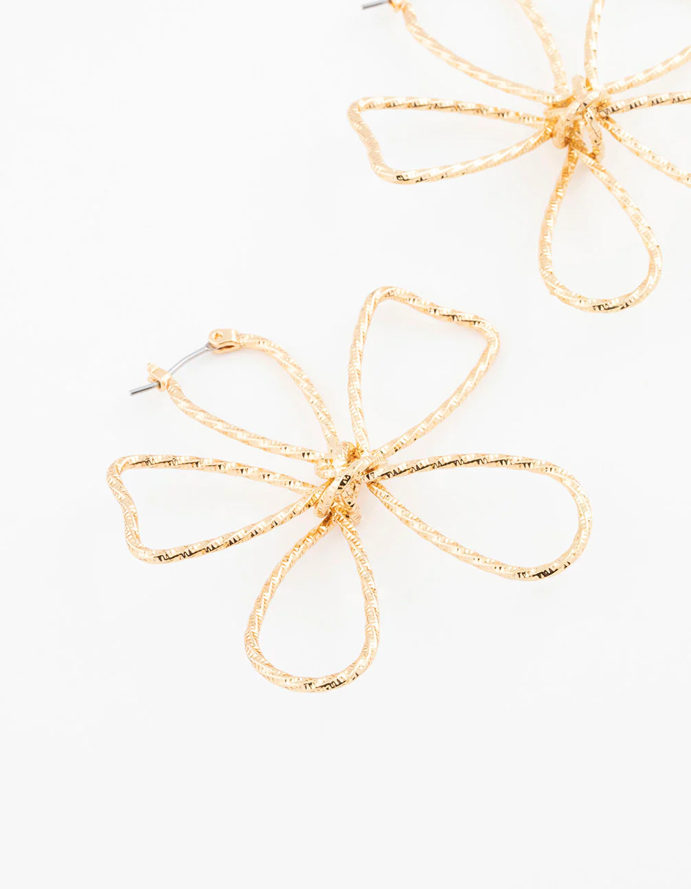 Gold Plated Textured Wire Flower Statement Earrings - Image 2