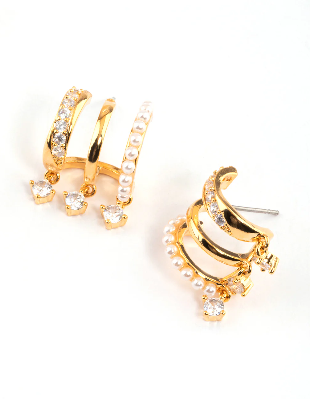 Gold Plated Trio Pearl Diamante Drop Earrings