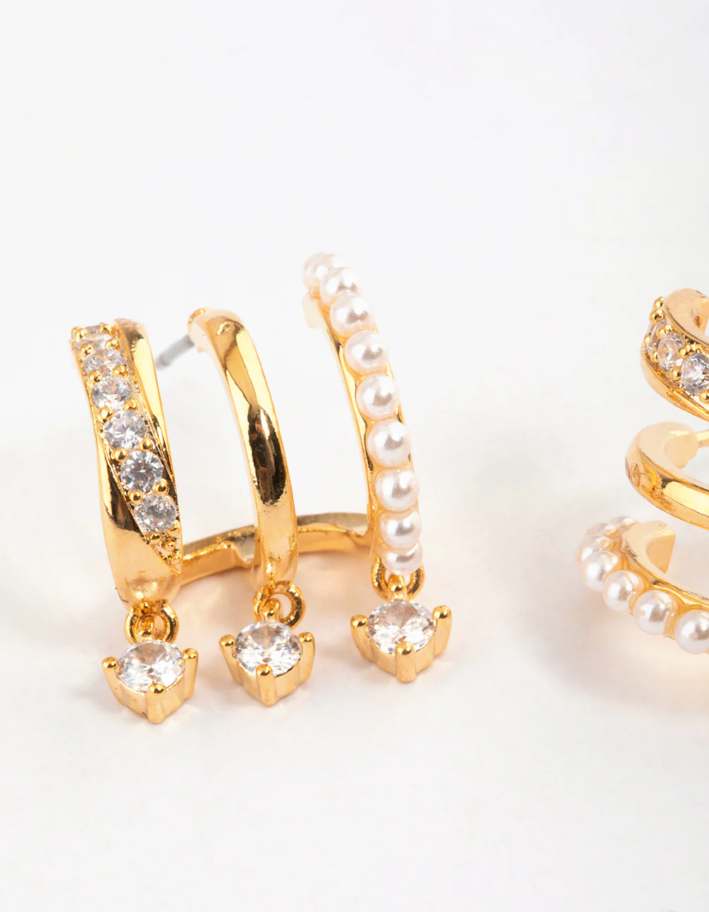 Gold Plated Trio Pearl Diamante Drop Earrings - Image 2