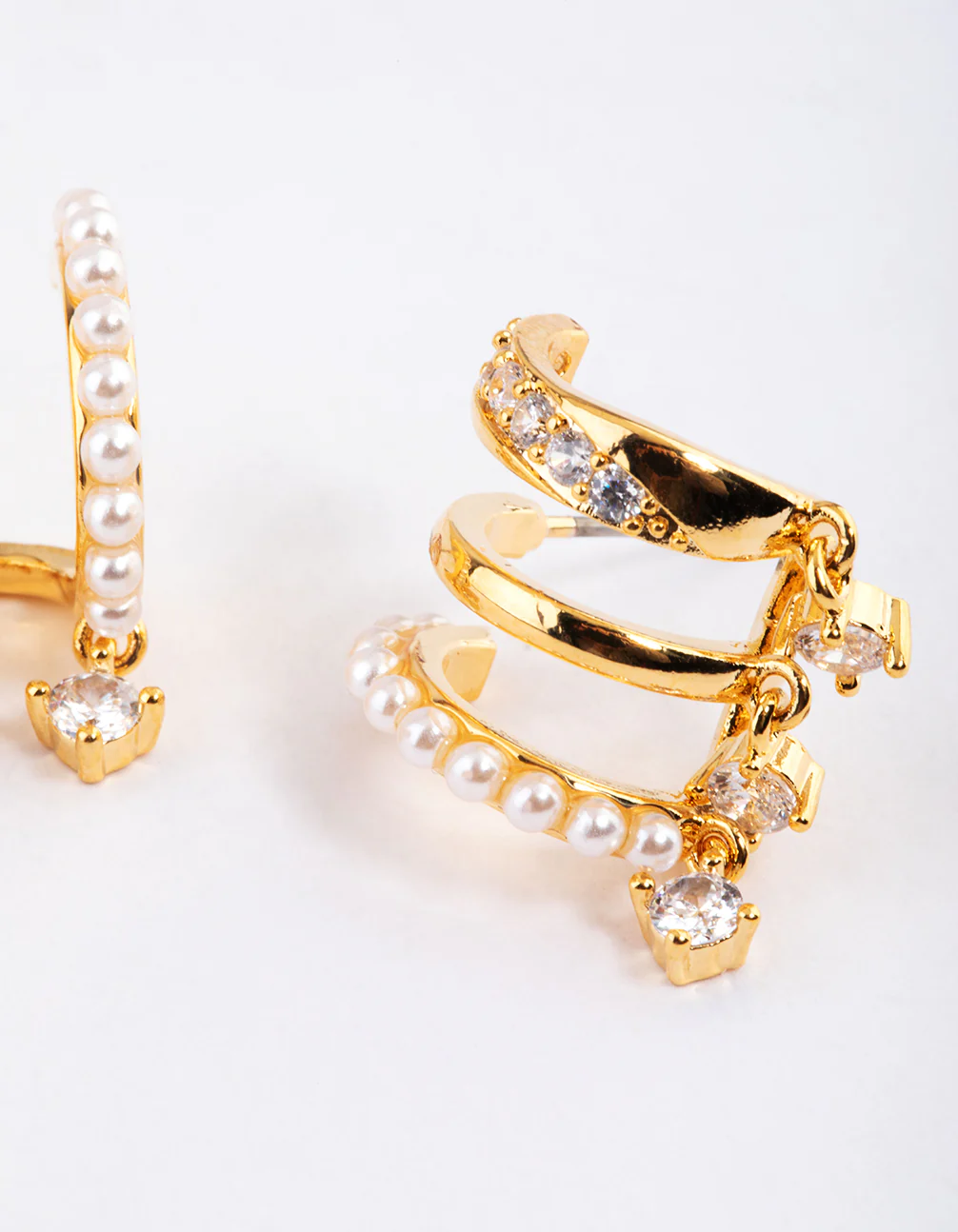 Gold Plated Trio Pearl Diamante Drop Earrings - Image 3