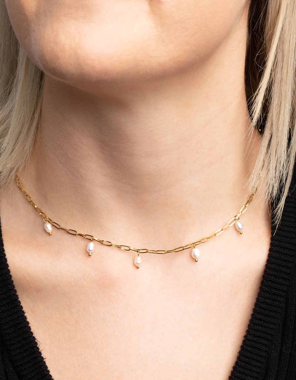 Gold Plated Surgical Steel Freshwater Pearl Chain Necklace - Image 2