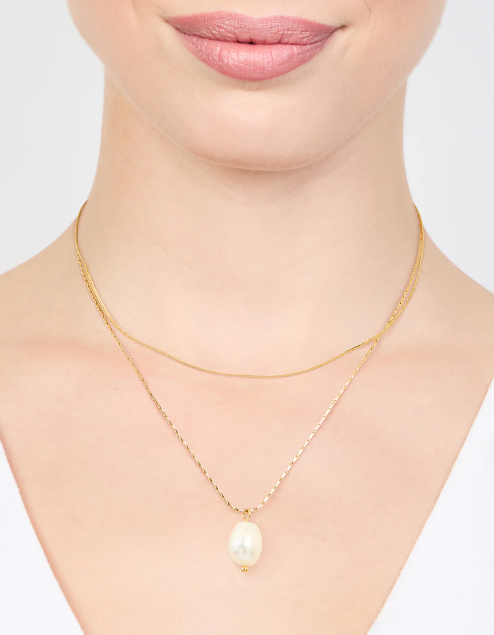 Waterproof Gold Plated Stainless Steel Snake Chain & Freshwater Pearl Layered Necklace - Image 2