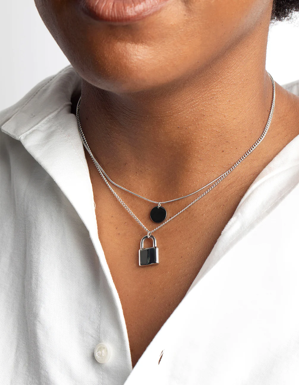 Waterproof Stainless Steel Disc & Padlock Layered Necklace - Image 2