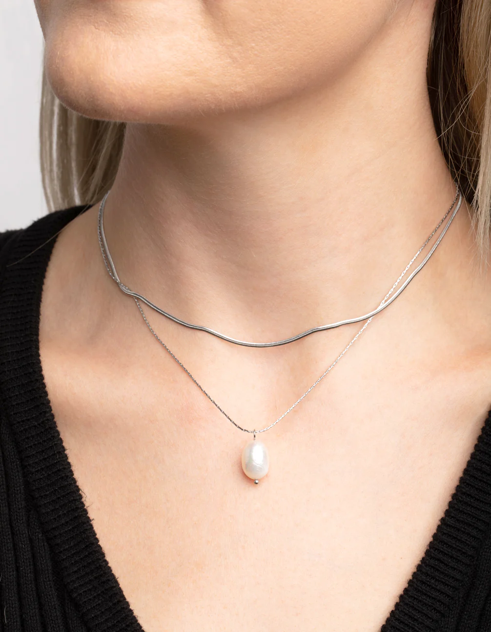 Surgical Steel Snake Chain & Freshwater Pearl Necklace - Image 2