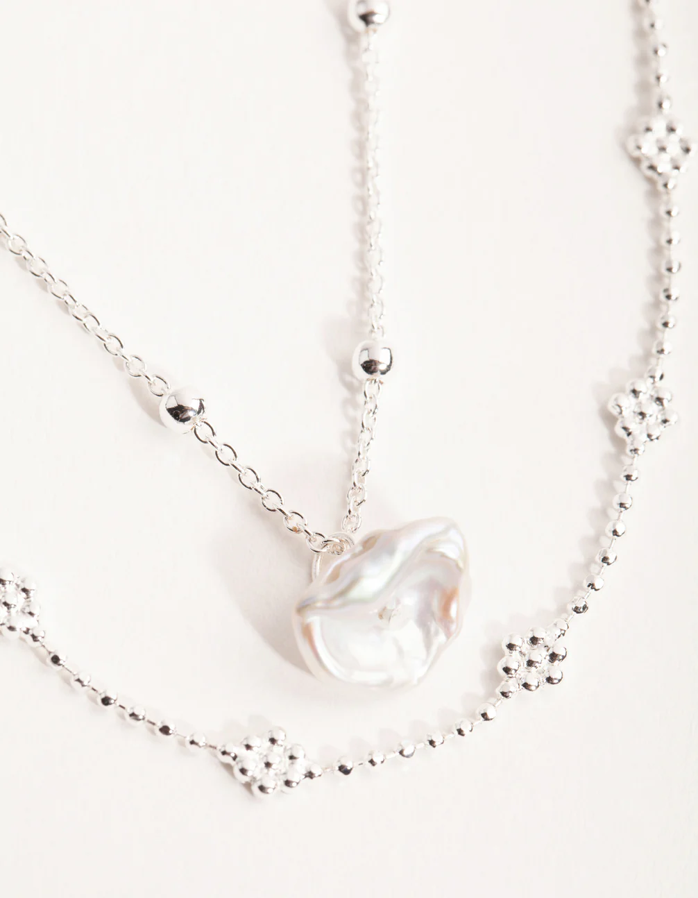 Silver Plated Mini Flower Ball & Pearl Drop Necklace - Image 3