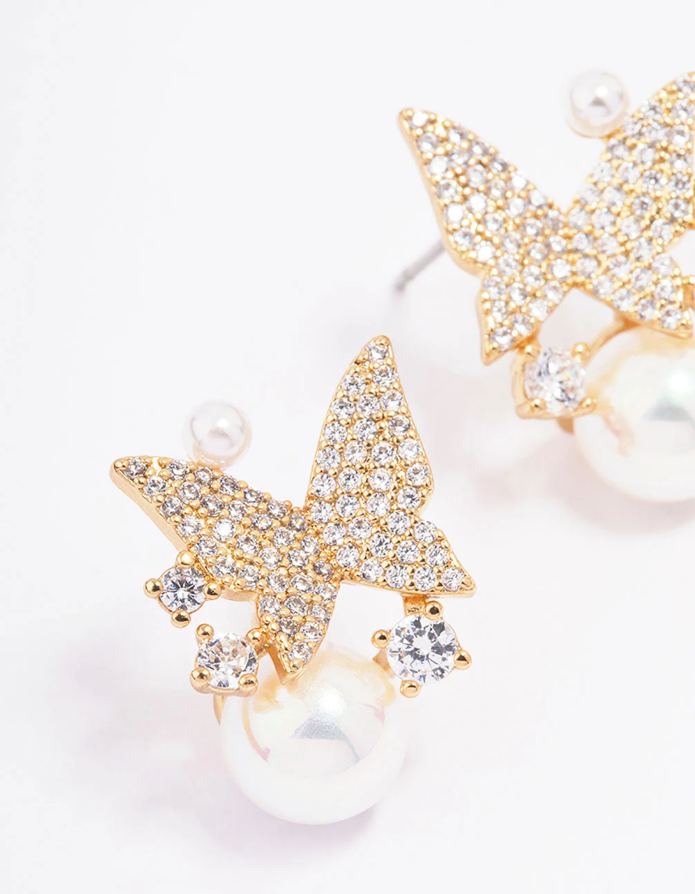 Gold Plated Pearl & Butterfly Cubic Zirconia Stud Earrings - Image 2