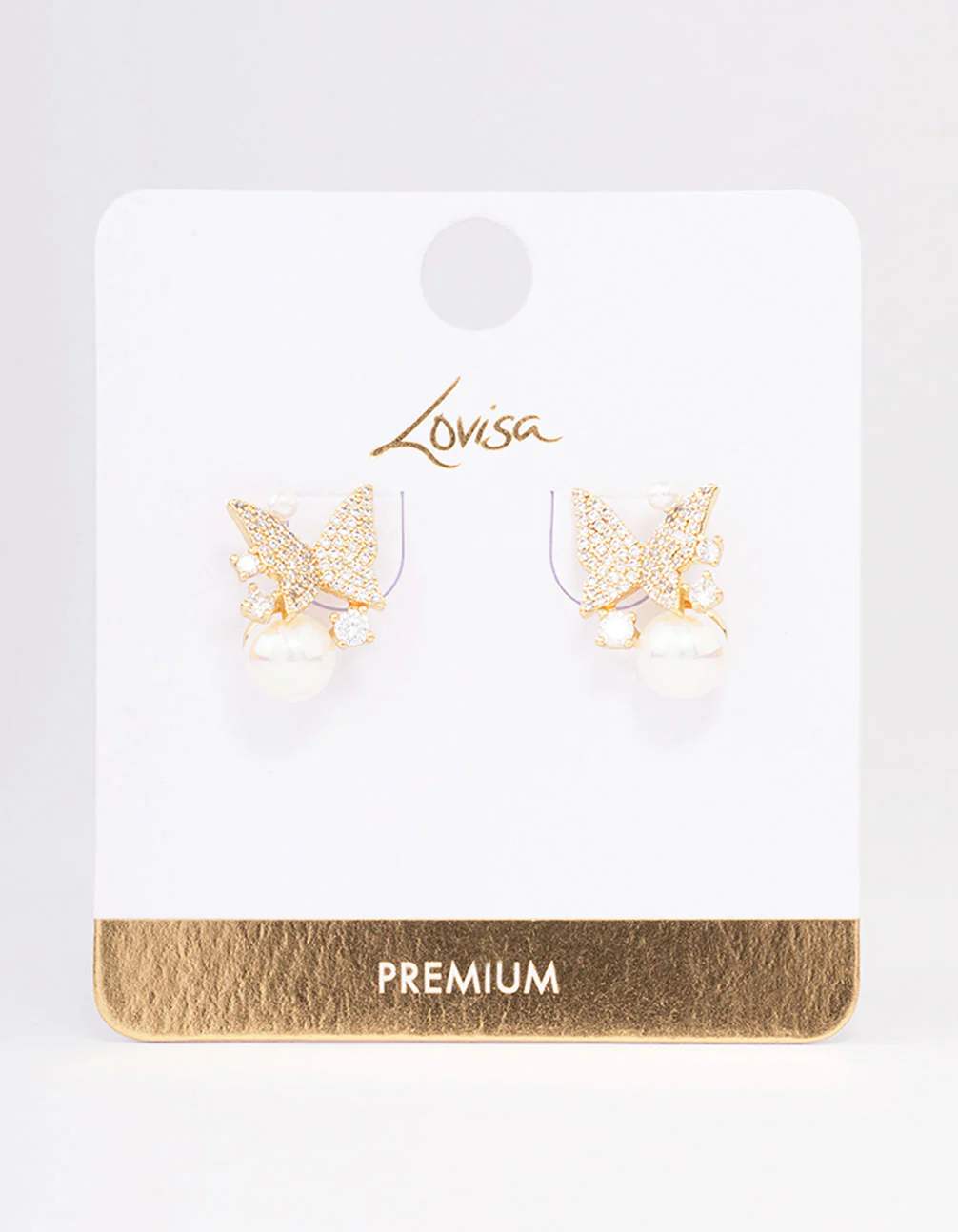 Gold Plated Pearl & Butterfly Cubic Zirconia Stud Earrings - Image 3