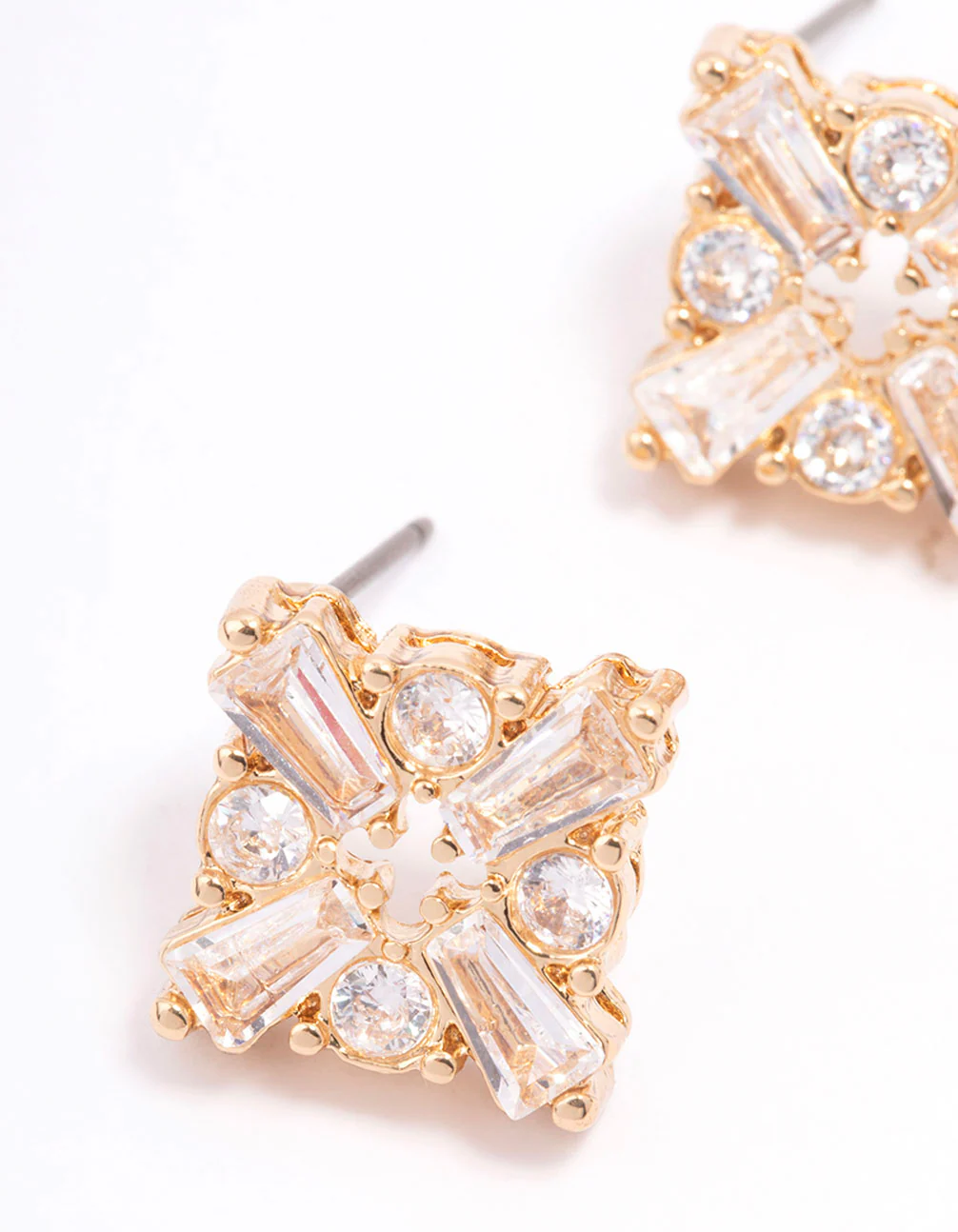 Gold Plated Round & Baguette Stud Earrings - Image 2