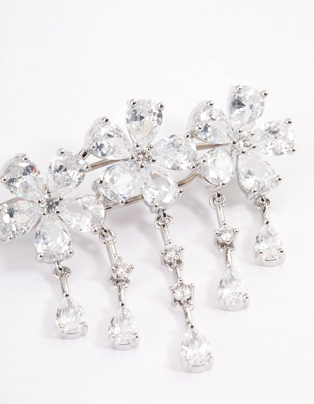 Silver Cubic Zirconia Triple Flower Droplet Hair Clips Pack - Image 2