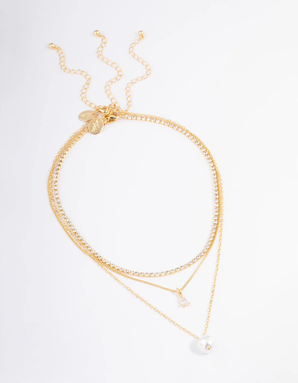 Gold Plated Cup Chain Diamante & Freshwater Pearl Layered Necklace - Image 2
